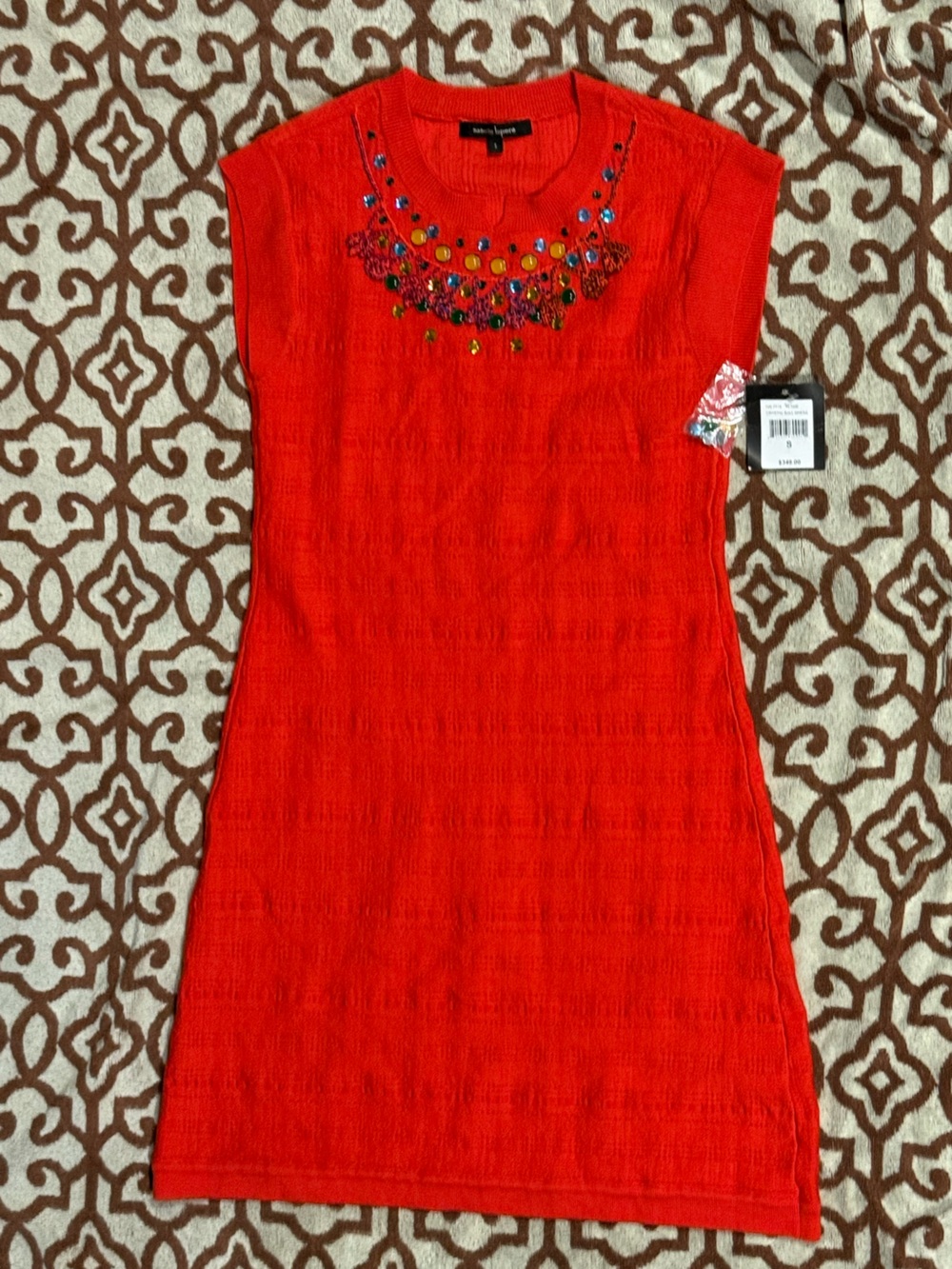 NWT Nanette Lepore Crystal Ball Beaded Sweater Dress S Flame Red $348